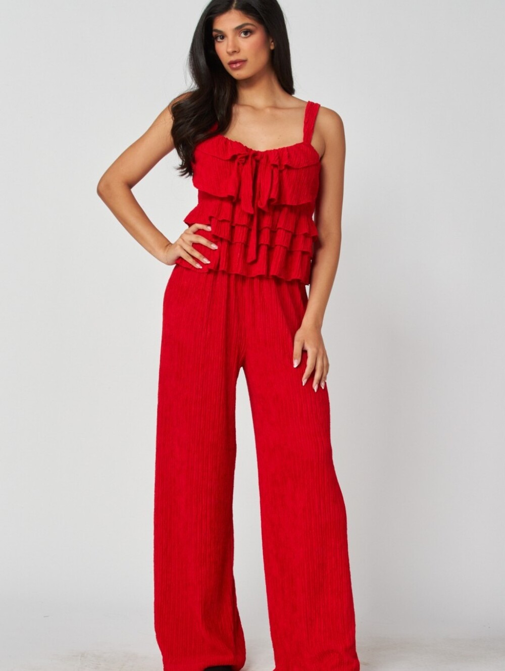 Red Lip Crinkle Thin Strap Ruffle Pantsuit